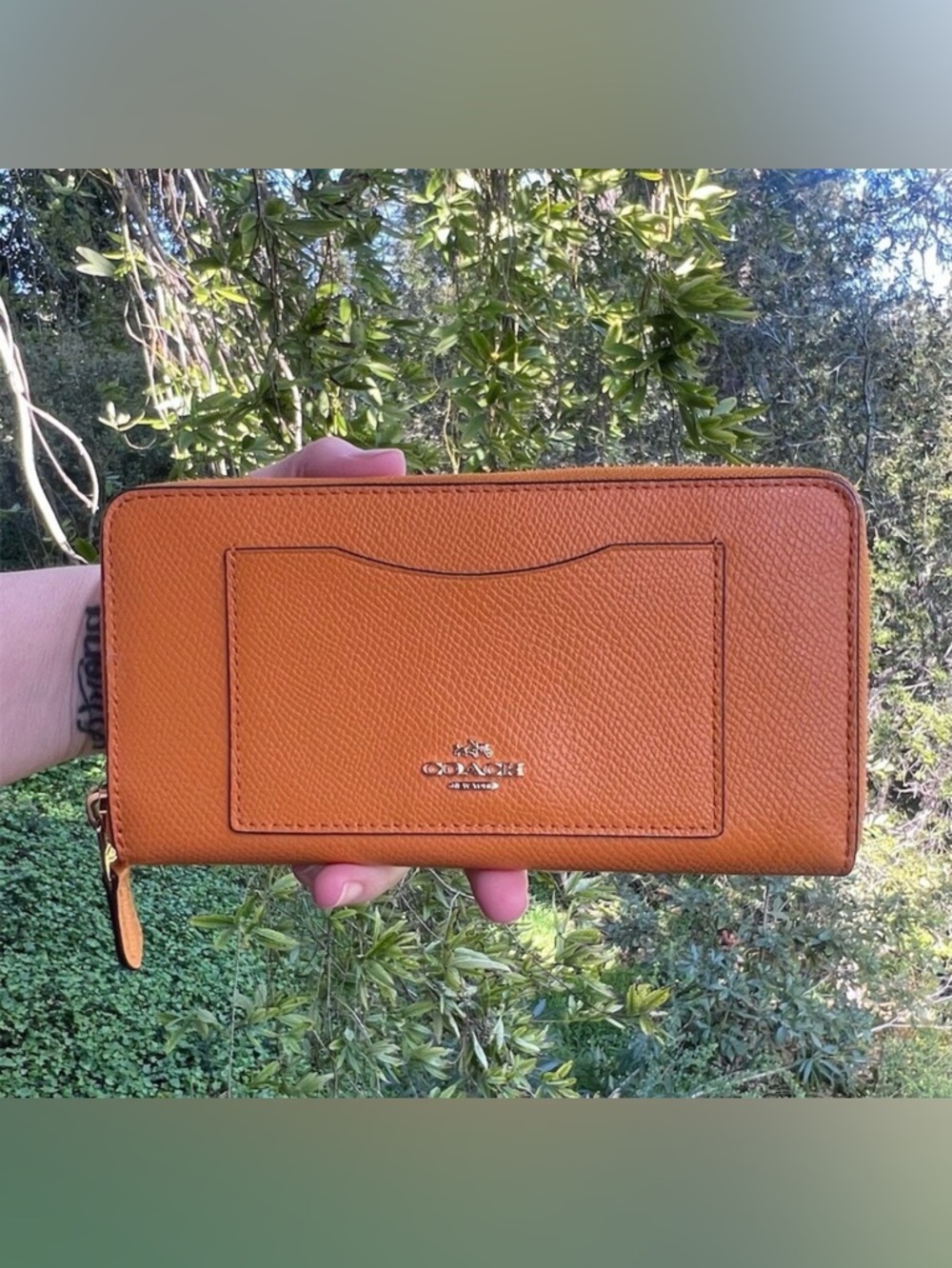 COACH Long Zip-Around Wallet Orange/Tan Crossgrain Leather with Gold Hardware